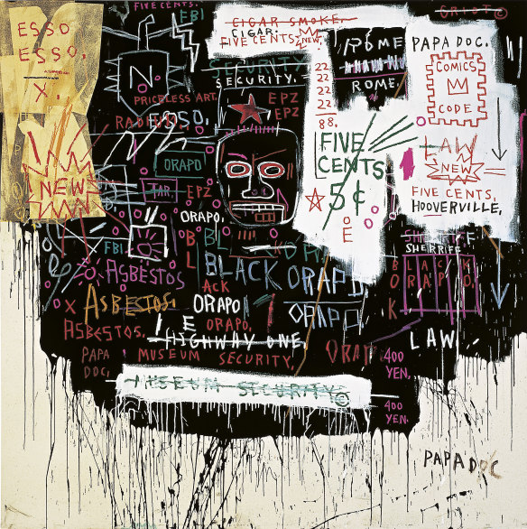 Jean-Michel Basquiat, Museum security (Broadway meltdown), 1983; 
acrylic, oilstick, and collage on canvas.
