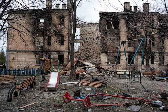 A ruined playground and gutted apartment buildings in the town of Hostomel, which was occupied by the Russians for more than a month.
