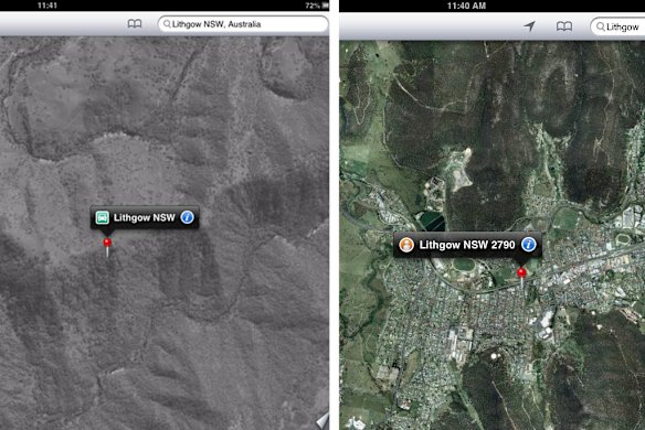 "Lithgow" in NSW on Apple Maps, left, and on Google Maps, right. Apple Maps lists it in the wrong place.