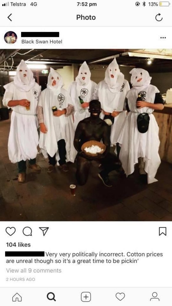 A screenshot of the offending Instagram post showing party-goers dressed in KKK and blackface costumes.