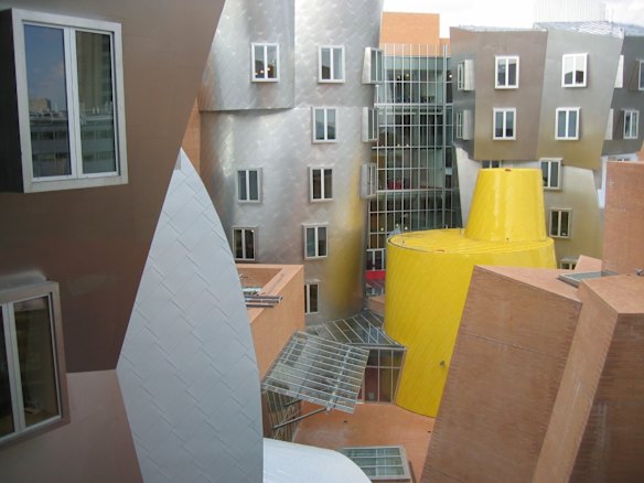 RAY AND MARIA STATA CENTRE, BOSTON: With its wandering walls, random curves, colliding facades and tilting columns, this Massachusetts Institute of Technology (MIT) building is as disorienting as a funfair house, and looks as if it's about to collapse. The deconstructivist design by Frank Gehry mixes brick, glass, metal and paintwork, so the eye never really settles in one place. One critic called the building's whimsical outline a "crinkled sculpture".