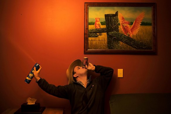 "Errol Parker, doing what the photographer is telling him to do after dinner."