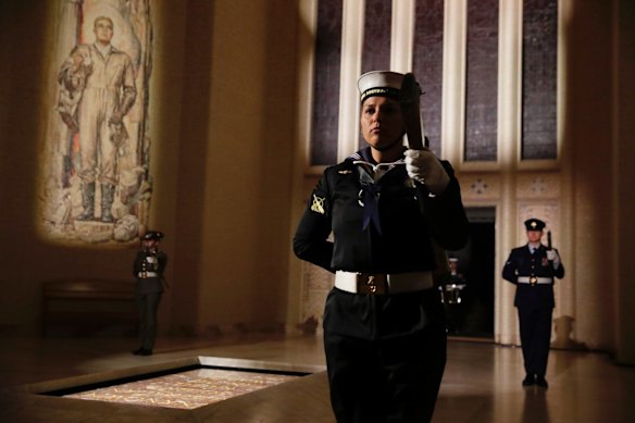 The catafalque party mounted at the Tomb of the Unknown Australian Solider during the Anzac Day commemorative service at the Australian War Memorial in Canberra. 
