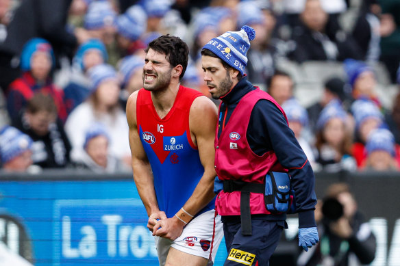 Christian Petracca was in immediate pain after the collision in the King’s Birthday clash.