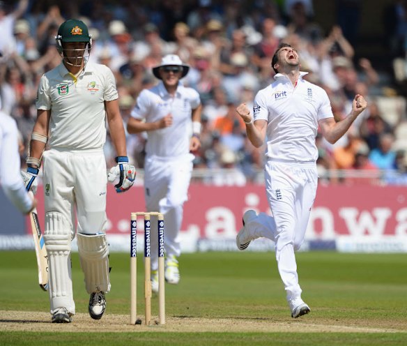 James Anderson of England celebrates the wicket of Mitchell Starc of Australia.