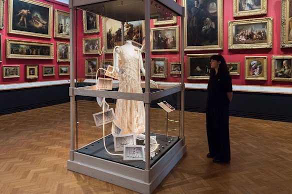 The Zimmermann dress worn by Taylor Swift for the ‘Willow’ music video on show at the V&A Museum in London in 2024.