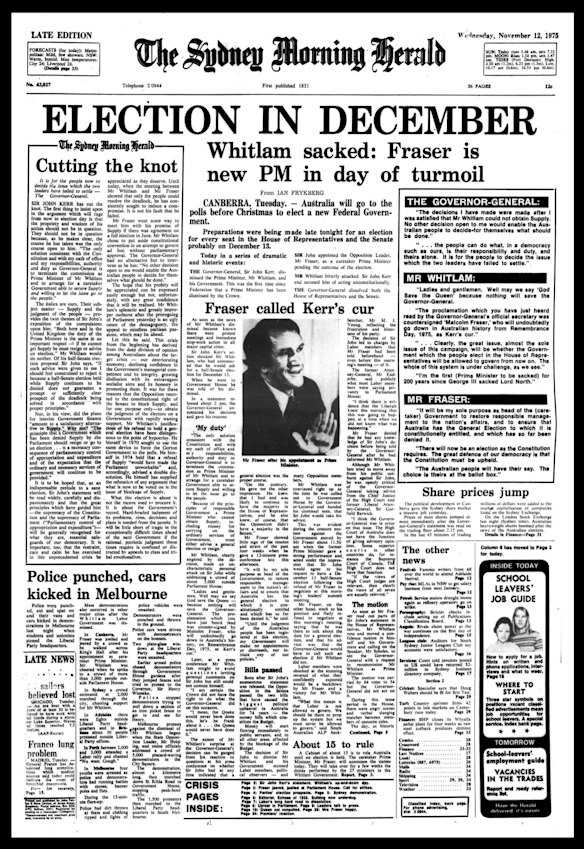 Front page of The Sydney Morning Herald from November 12 1975.