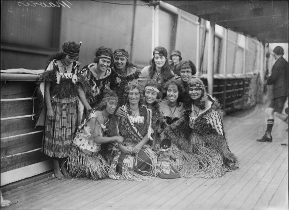 Princess Rangiriri and her Nine Maori Maids on the deck of the S.S. Moeraki, Sydney, June 1925