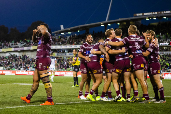 Cry baby ... Addin Fonua-Blake mocks the Raiders crowd after Manly's epic win on Sunday.