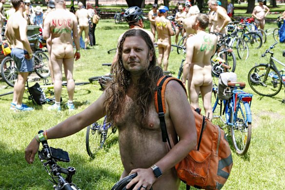 Cyclist Nick takes part in the 2021 Naked Bike Ride.