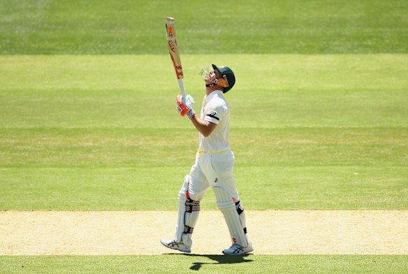 David Warner of Australia celebrates after reaching his half century.