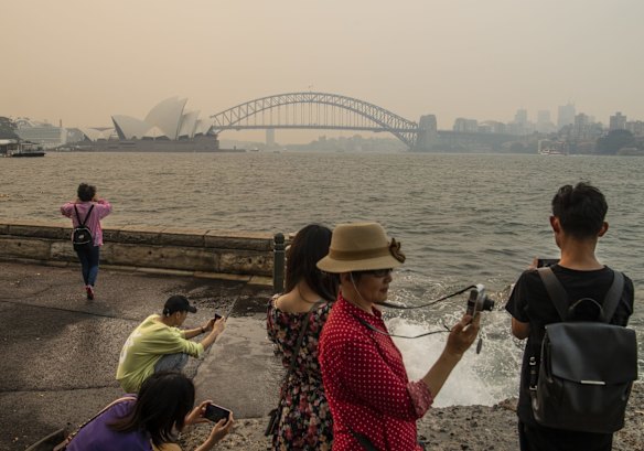 Smoke haze over Sydney Harbour from bushfires burning in NSW.