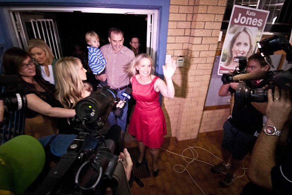 Kate Jones greets Labor supporters at Northern  Hockey Club, in Ashgrove.