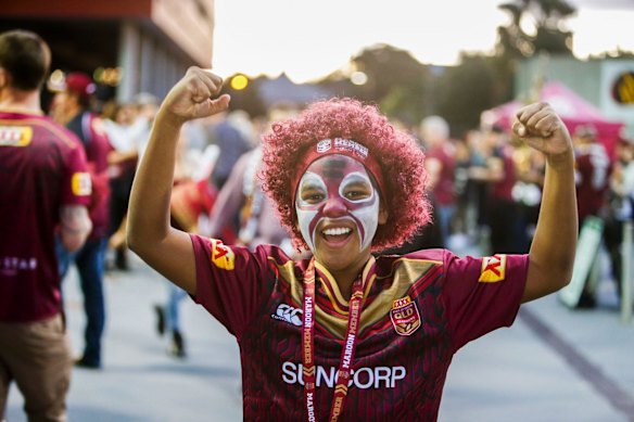 Queenslanderrrr! Maroons fan Sario Nakata gets into the spirit of Origin before the series decider in Brisbane. 