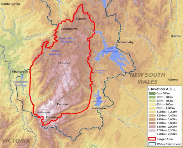 The area bordered in red is the 2110 square kilometre zone in which Snowy Hydro has conducted cloud seeding each winter.