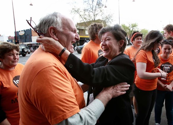 cathy celebrates with supporters in Wangarratta.