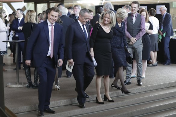 Adviser Ryan Liddell, former Opposition Leader Bill Shorten, Chloe Shorten and former Governor General Quentin Bryce departing after the state memorial service for former Prime Minister Bob Hawke at the Sydney Opera House.