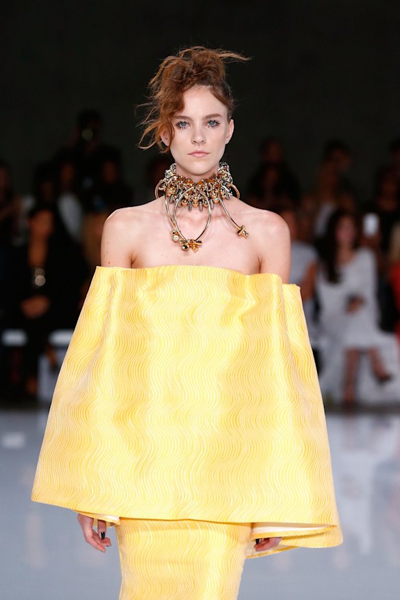 A model walks the runway at the Mercedes-Benz Presents Maticevski show at Mercedes-Benz Fashion Week Resort 17 Collections at The Cutaway, Barangaroo Reserve on May 15, 2016 in Sydney, Australia.