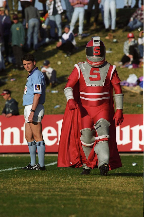 Getting involved: Stanley the Steeler gets his marching orders for being involved in an on-field brawl.