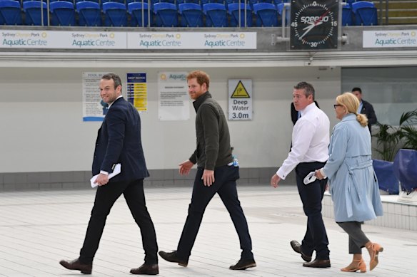 Prince Harry meets defence veteran swimmers and tours Sydney International Aquatic centre. 
