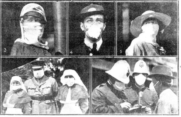 Sydneysiders wearing masks during influenza outbreak. From the Mirror, February 7, 1919 