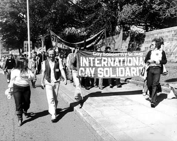 Gay solidarity supporters protest on Oxford Street Paddington before eventually being arrested in Taylor Square. 27 August, 1978.
