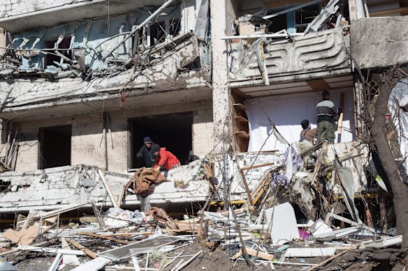 A view into a residential building in Mostytska Street which got hit by a rocket in Kyiv, Ukraine. 