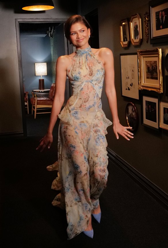 Something blue: A floral, halter-neck Alexander McQueen dress.