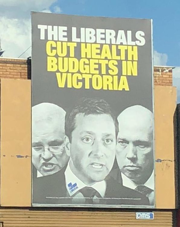 A campaign poster featuring Matthew Guy with Prime Minister Scott Morrison and Home Affairs Minister Peter Dutton. 