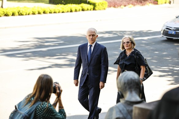 Former Prime Minister Malcolm Turnbull and Lucy Turnbull arrive to the State Funeral for the Honourable Susan Maree Ryan AO.