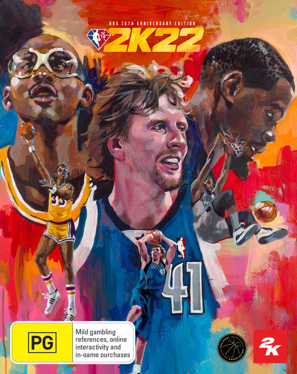 The NBA 2K22 NBA 75th anniversary video game cover featuring Kareem Abdul-Jabbar (left), Dirk Nowitzki (middle) and Kevin Durant (right).