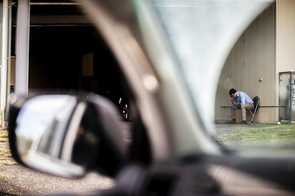 Minister for Agriculture and Water Resources David Littleproud takes a phone call from Prime Minister Malcolm Turnbull while at the Tambo racecourse, in Tambo, Queensland.