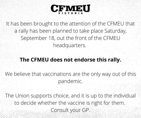 A post on the CFMEU Facebook page from September 1