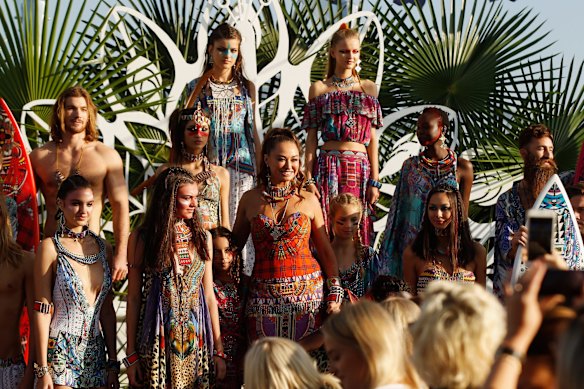 Camilla Franks poses with her models at the Camilla show at Mercedes-Benz Fashion Week Resort 17 Collections on The Seadeck boat on May 19, 2016 in Sydney, Australia.