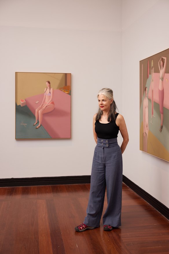 Artist Prudence Flint with her works The Cut and The Coat - 2026 Adelaide Biennial of Australian Art: Yield Strength