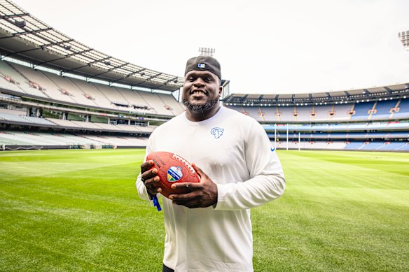 In awe: LA Rams enforcer Kevin Dotson cannot wait to play the San Francisco 49ers at the MCG later this year.