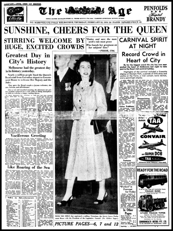 The front page of <i>The Age</i> on February 25, 1954.