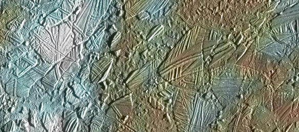 The view of a small region of the thin, disrupted, ice crust in the Conamara region of Jupiter's moon Europa showing the interplay of surface colour with ice structures.