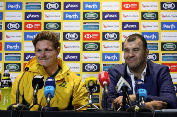 Michael Cheika and Michael Hooper during the post-match press conference. 