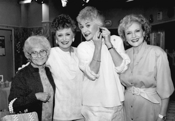 Actors from the television series "The " Golden Girls" stand together during a break in taping Dec. 25, 1985 in Hollywood. From left are, Estelle Getty, Rue McClanahan, Bea Arthur and Betty White.  