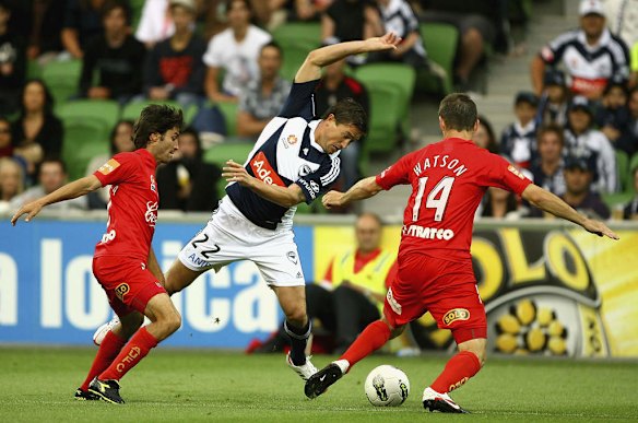 Harry Kewell of the Victory contests the ball during the round 14 A-League match between the Melbhourne Victory and Adelaide United at AAMI Park on January 13, 2012 in Melbourne, Australia.