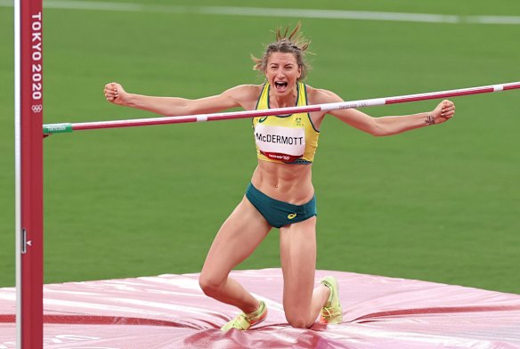 Nicola McDermott of Team Australia reacts after competing in the Women's High Jump final on day fifteen of the Tokyo 2020 Olympic Games at Olympic Stadium on August 07, 2021 in Tokyo, Japan.