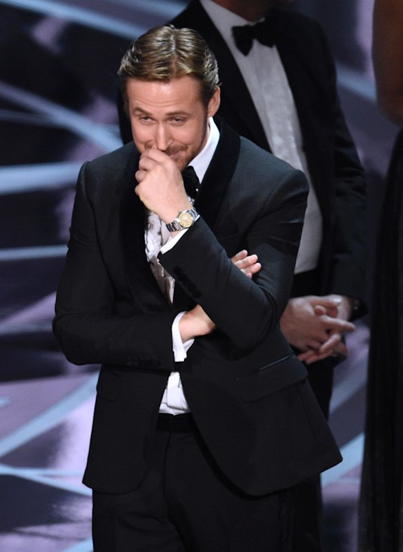 Ryan Gosling from La La Land reacts as the true winner of best picture is announced at the Oscars on Sunday.