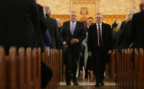 Prime Minister Scott Morrison and Opposition Leader Anthony Albanese at a church service to mark the start of the new Parliament.