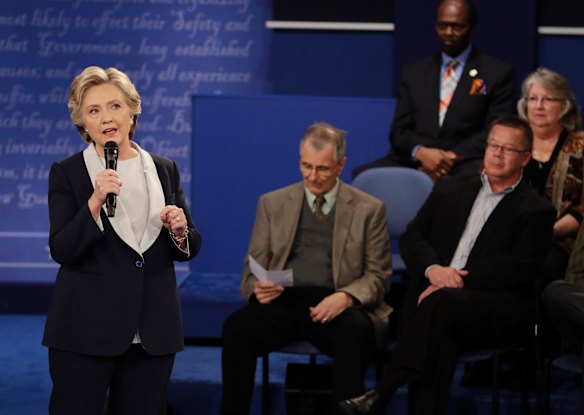 Democratic presidential nominee Hillary Clinton speaks during the second presidential debate.