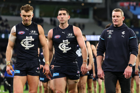  Patrick Cripps (left) and Michael Voss (right) have much work to do if the Blues are to turn around their season.