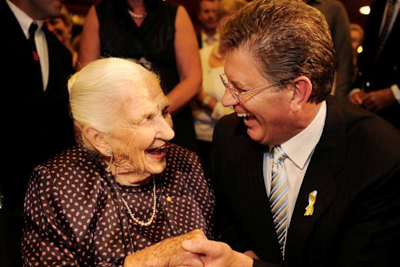 Dame Elisabeth Murdoch has a laugh with Victorianm Premier Ted Baillieu at her 102nd birthday celebrations at the Melbourne Recital Centre.