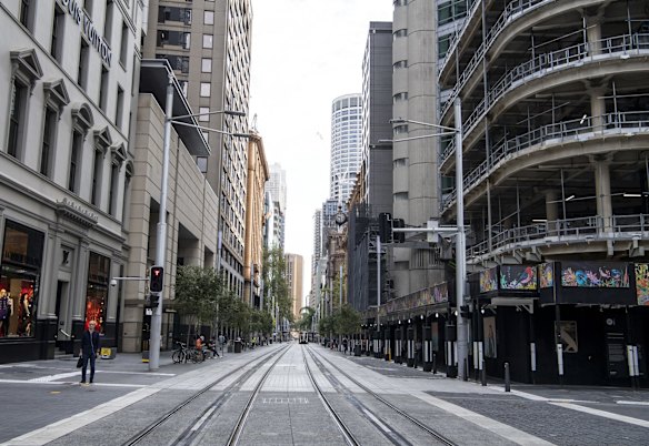 Corner of George and King streets, Sydney. March 20, 2020.

“When I walked down King Street around 10 am on a week day and arrived at the usually busy corner of George Street, I was struck with the lack of movement and sound. After taking this image it felt, for the first time, that Sydney was actually closing down. Having grown up in Sydney, the past six months has given me many opportunities to capture the city in a different light. First, months of a city covered in a smoke haze; now the COVID-19 pandemic.” – Louise Kennerley, who grew up in Sydney and has been a photographer for The Sydney Morning Herald and The Australian Financial Review for 25 years. 
