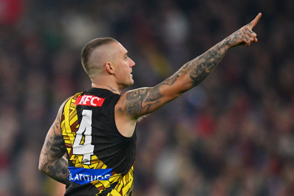 Dustin Martin has played 299 senior games for Richmond, but won’t reach 300 in round 13.