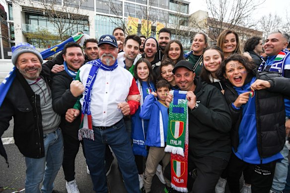 Rosa Mobilio (top right) and her extended family were among hundreds of Italian soccer fans who celebrated in Lygon Street, Carlton, after Italy won the Euro 2020 final against England at Wembley Stadium in London. 